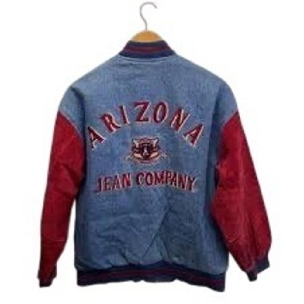 Vintage Arizona Jean Company Denim Leather Varsity Bomber Jacket Blue Red Mens M